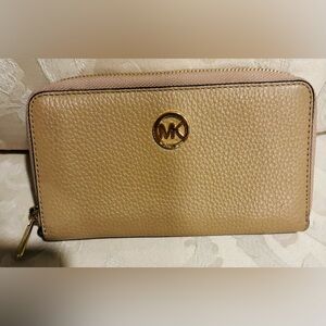 Michael Kors Pebbled Leather Wallet in Tan with Gold MK Logo
